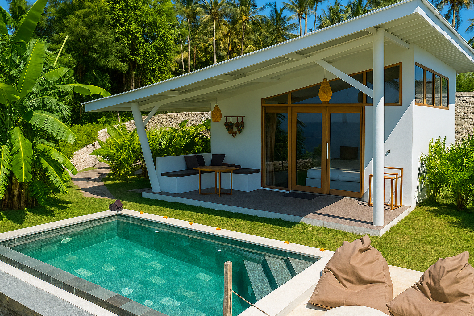 Infinity pool villa overlooking the valley and Mount Agung at golden hour