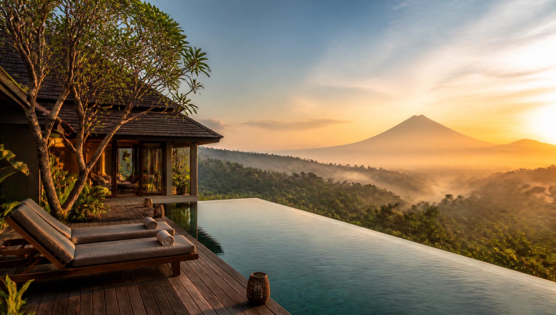 Eden Penida resort terrace at golden hour